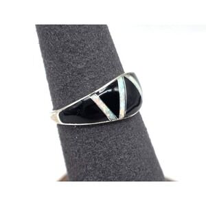Black Onyx Opal Ring Size 7 Sterling Silver Inlays Band Signed Sterling SM